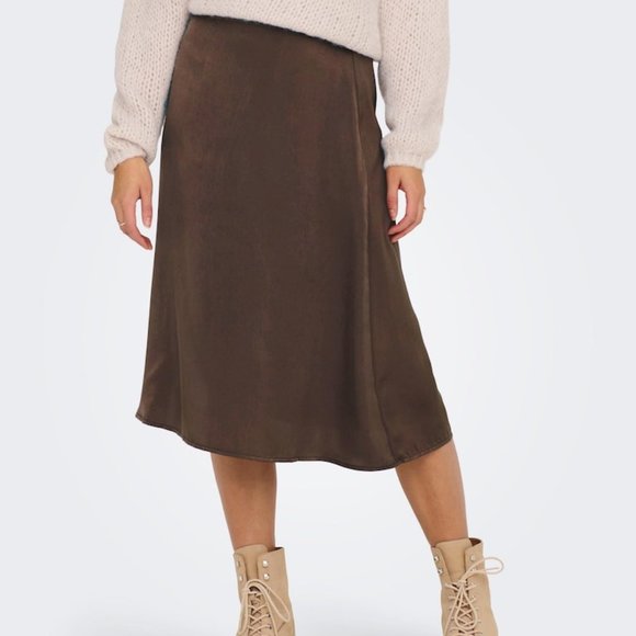 NWT Chocolate Brown Mille Satin Midi Skirt - Picture 1 of 16
